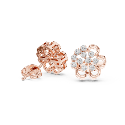 Yellow Gold Round Diamond Abstract Flower Cluster Stud Earrings - 0.44ctw