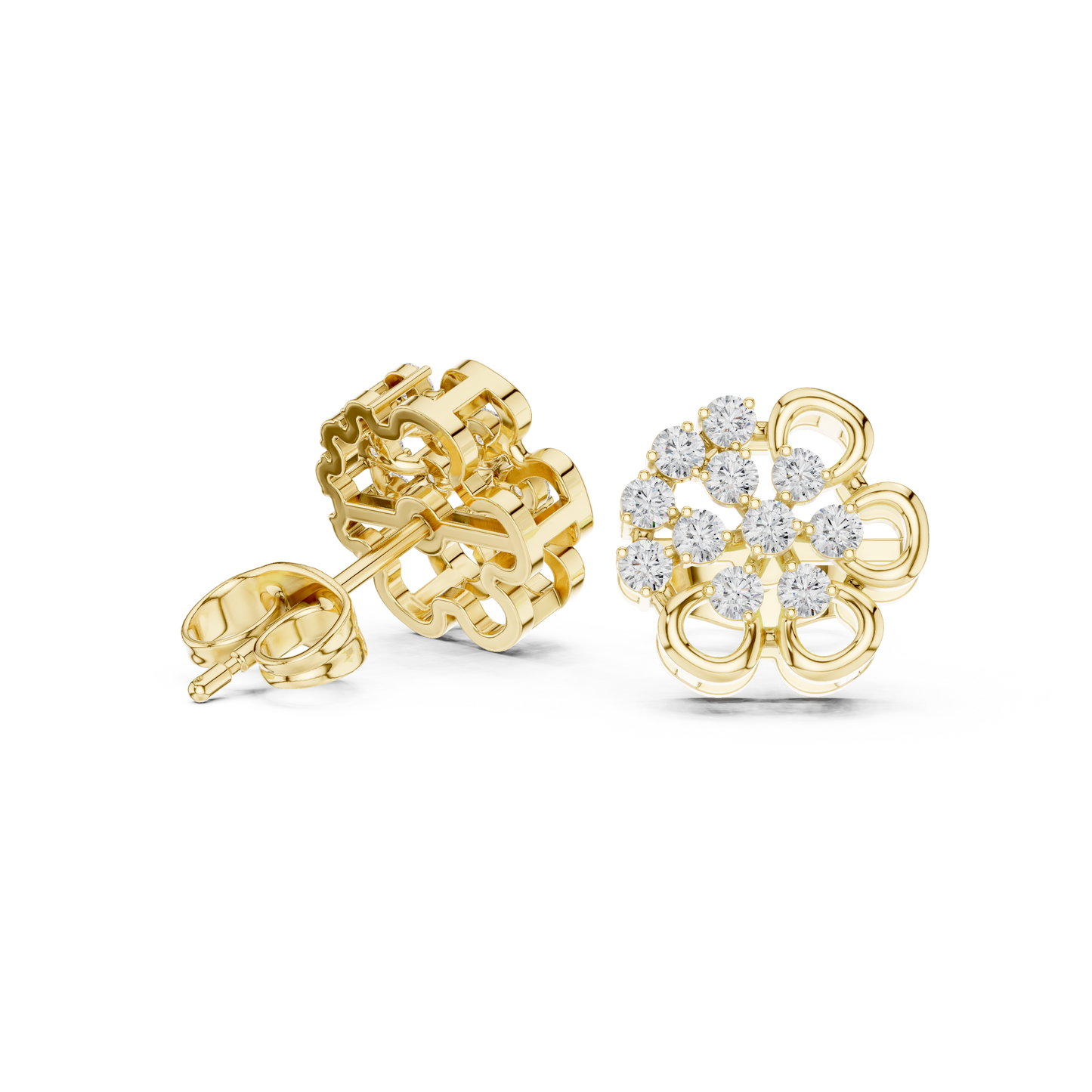 Yellow Gold Round Diamond Abstract Flower Cluster Stud Earrings - 0.44ctw