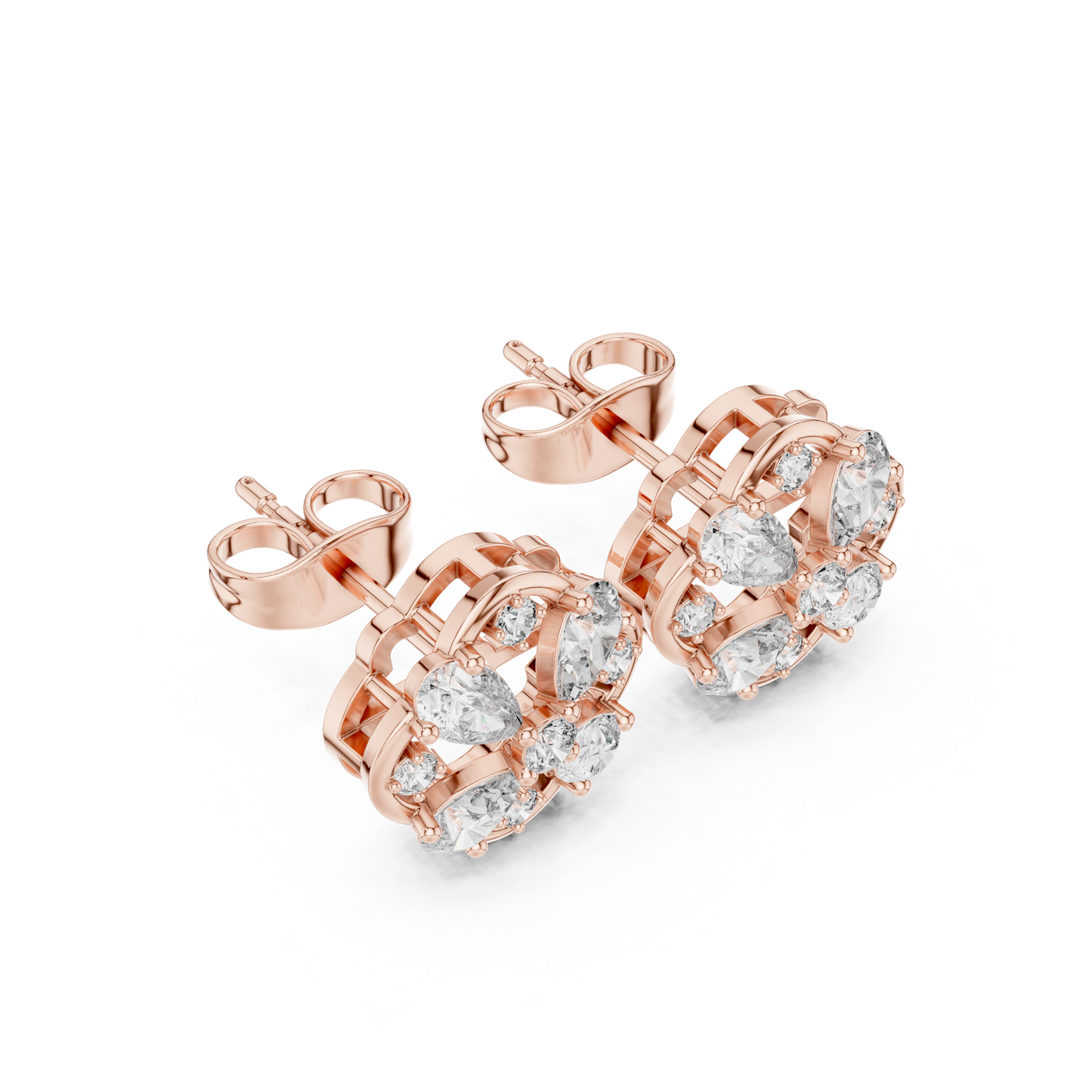 1.07ctw Diamond Pear and Round Cluster Earrings in Yellow Gold | Floral Mandala Studs