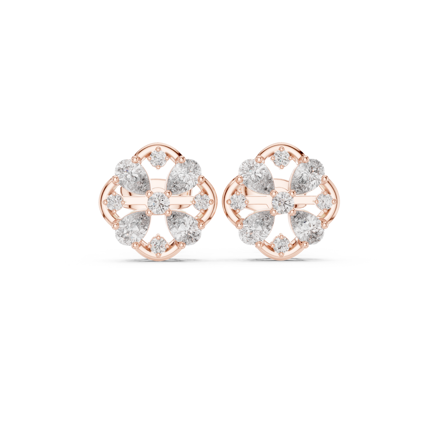1.07ctw Diamond Pear and Round Cluster Earrings in Yellow Gold | Floral Mandala Studs
