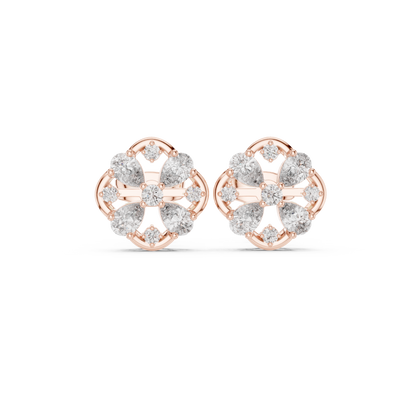 1.07ctw Diamond Pear and Round Cluster Earrings in Yellow Gold | Floral Mandala Studs