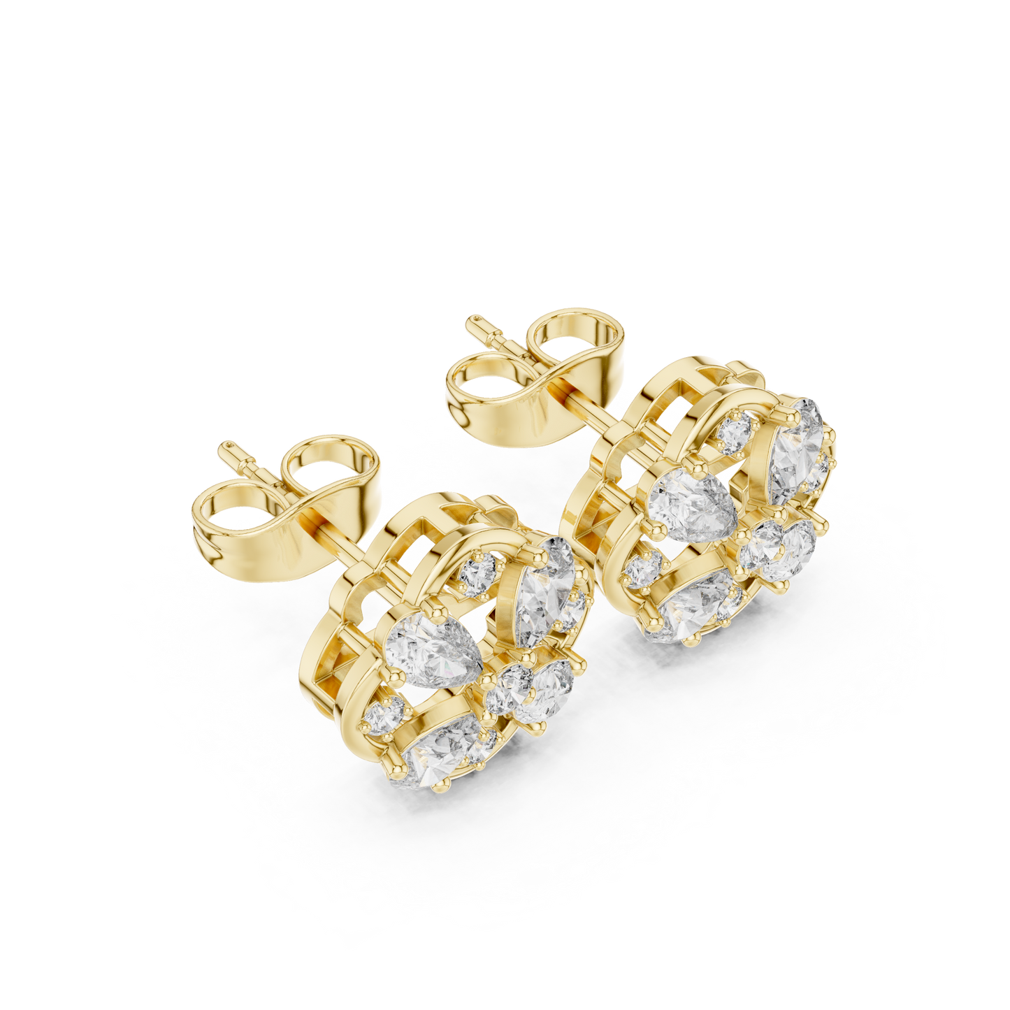1.07ctw Diamond Pear and Round Cluster Earrings in Yellow Gold | Floral Mandala Studs