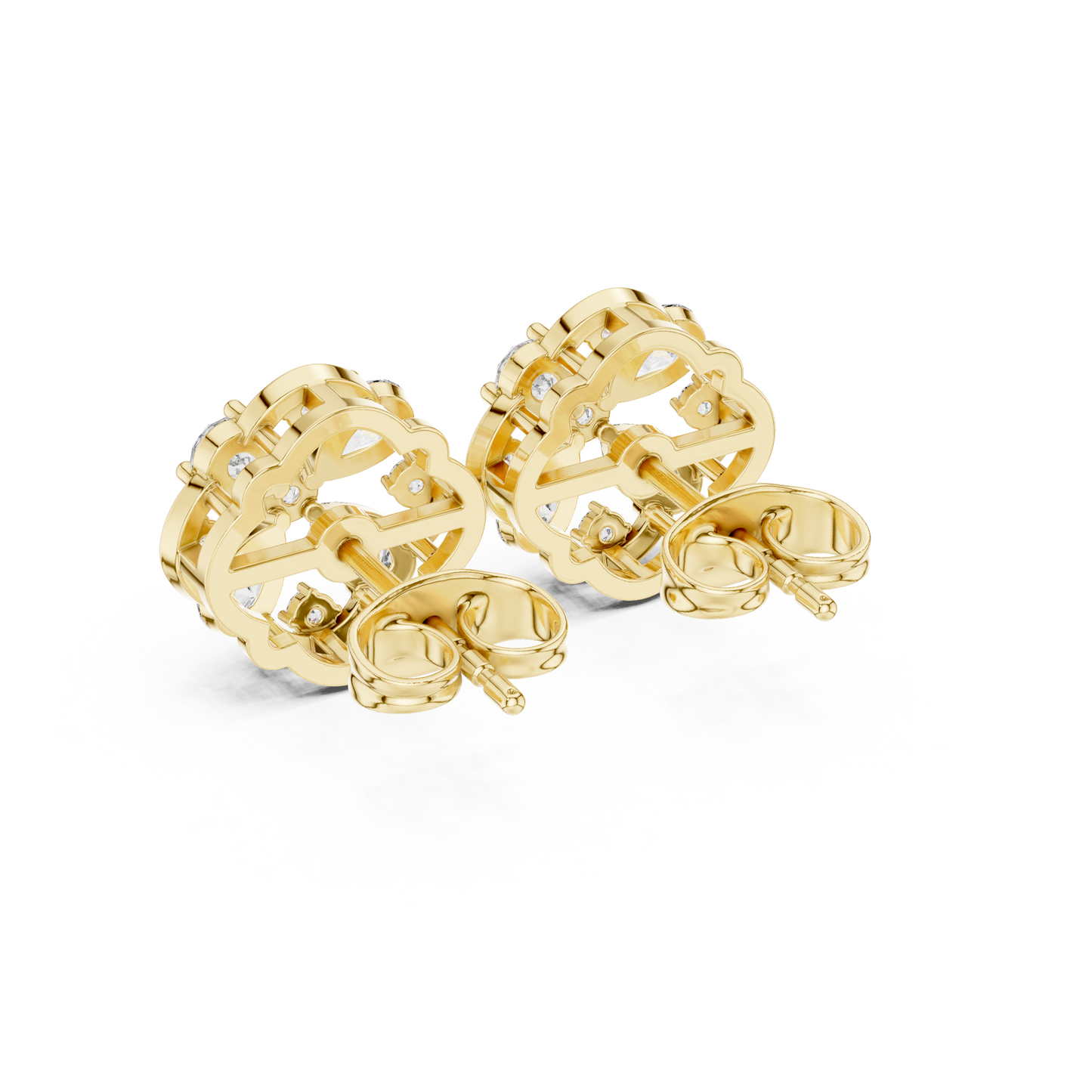 1.07ctw Diamond Pear and Round Cluster Earrings in Yellow Gold | Floral Mandala Studs