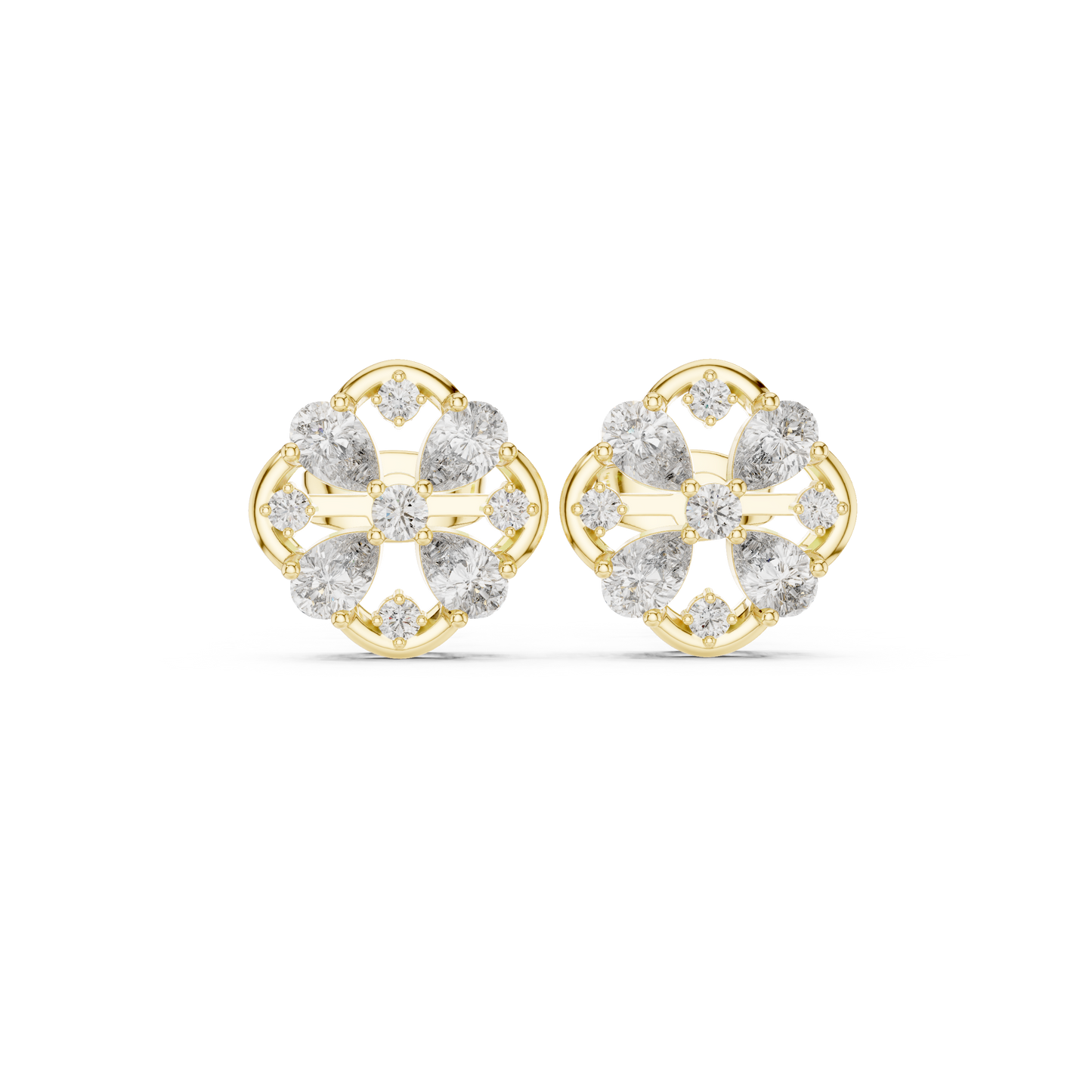 1.07ctw Diamond Pear and Round Cluster Earrings in Yellow Gold | Floral Mandala Studs
