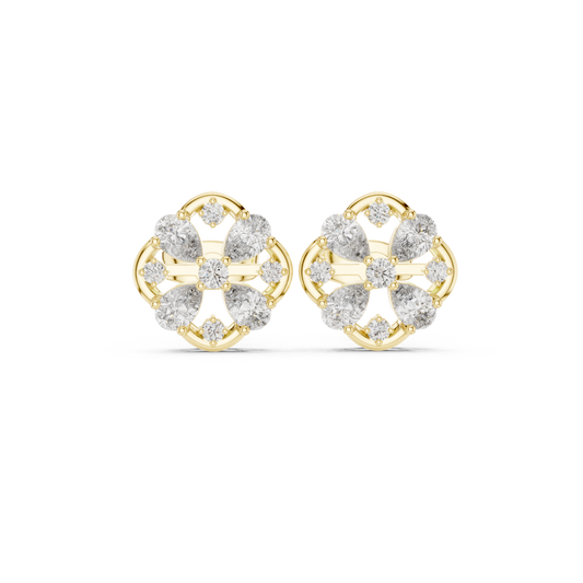 1.07ctw Diamond Pear and Round Cluster Earrings in Yellow Gold | Floral Mandala Studs