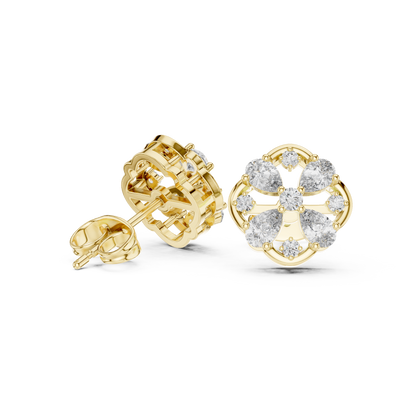 1.07ctw Diamond Pear and Round Cluster Earrings in Yellow Gold | Floral Mandala Studs