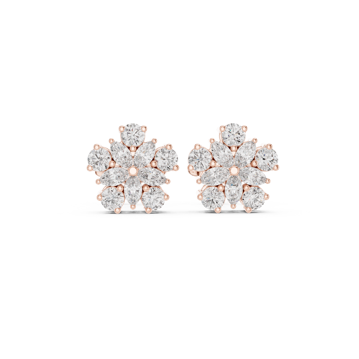 0.62ctw Marquise and Round Diamond Flower Blossom Stud Earrings in Yellow Gold