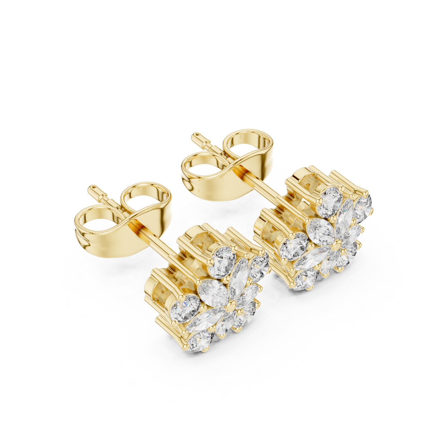 0.62ctw Marquise and Round Diamond Flower Blossom Stud Earrings in Yellow Gold