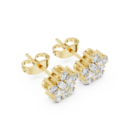 0.62ctw Marquise and Round Diamond Flower Blossom Stud Earrings in Yellow Gold