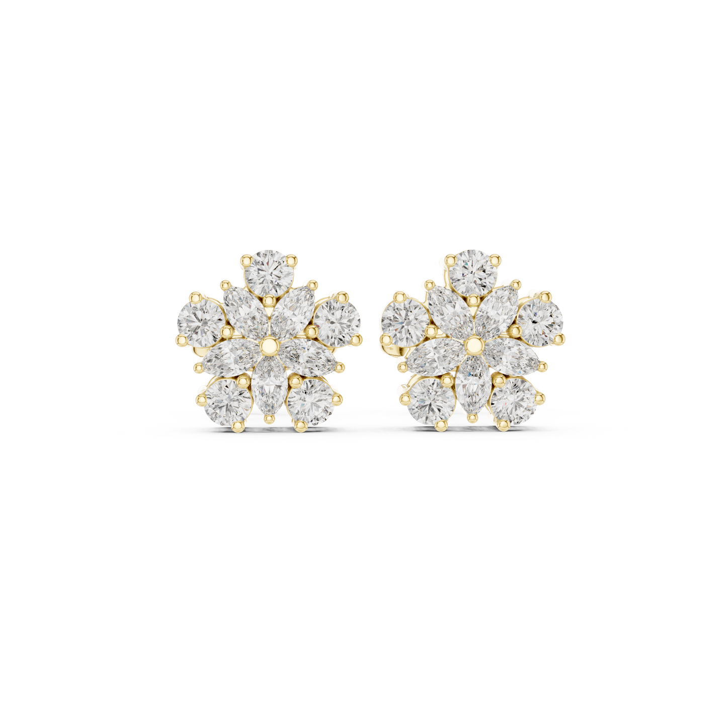 0.62ctw Marquise and Round Diamond Flower Blossom Stud Earrings in Yellow Gold