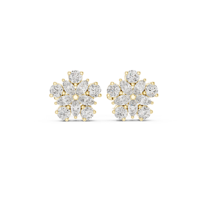 0.62ctw Marquise and Round Diamond Flower Blossom Stud Earrings in Yellow Gold