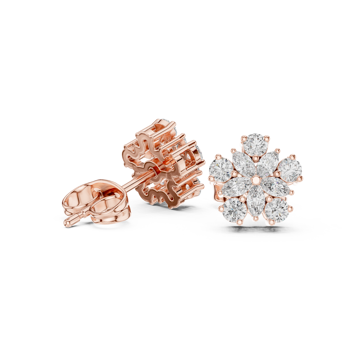 0.62ctw Marquise and Round Diamond Flower Blossom Stud Earrings in Yellow Gold