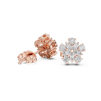0.62ctw Marquise and Round Diamond Flower Blossom Stud Earrings in Yellow Gold