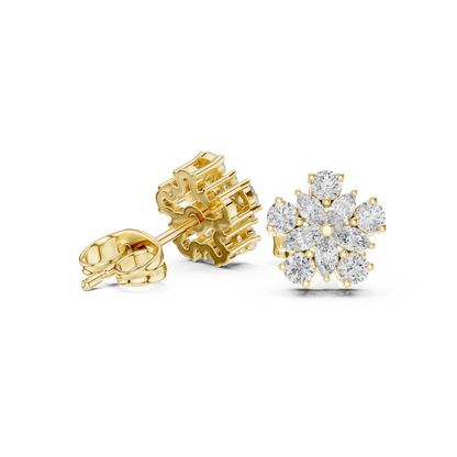 0.62ctw Marquise and Round Diamond Flower Blossom Stud Earrings in Yellow Gold