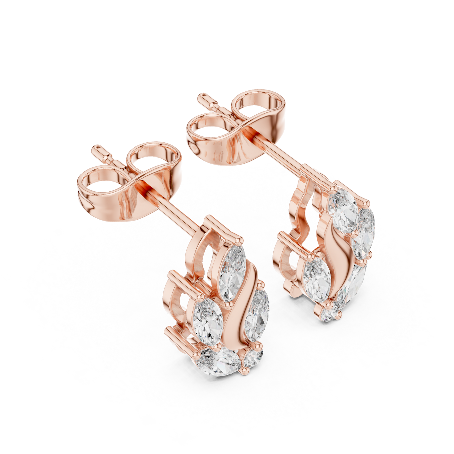 0.45ctw Marquise Diamond Wave Cluster Earrings in Yellow Gold | Abstract Leaf Studs