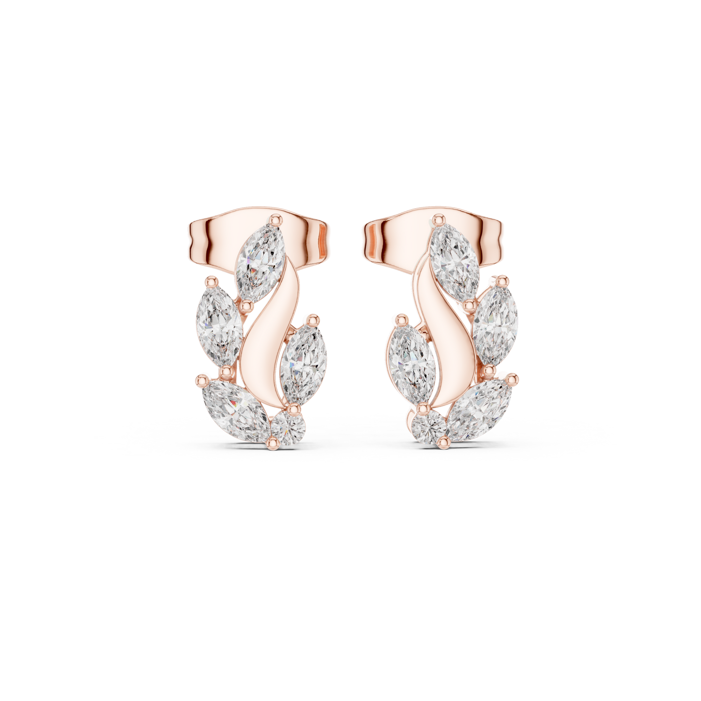 0.45ctw Marquise Diamond Wave Cluster Earrings in Yellow Gold | Abstract Leaf Studs
