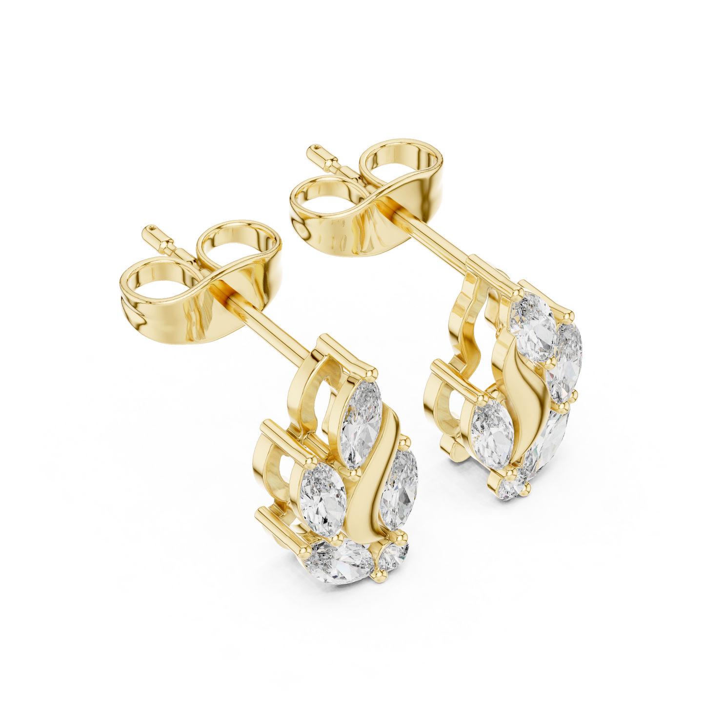 0.45ctw Marquise Diamond Wave Cluster Earrings in Yellow Gold | Abstract Leaf Studs