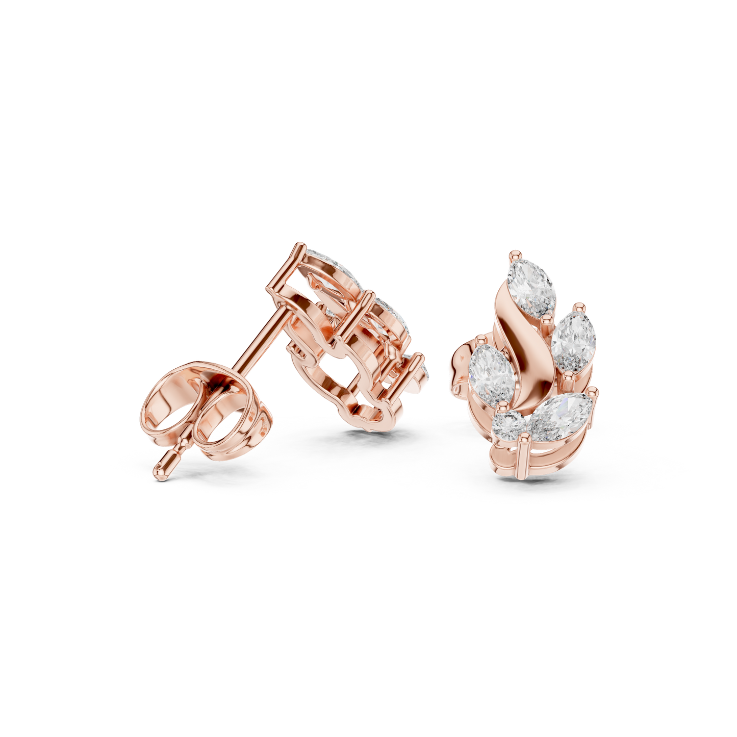 0.45ctw Marquise Diamond Wave Cluster Earrings in Yellow Gold | Abstract Leaf Studs
