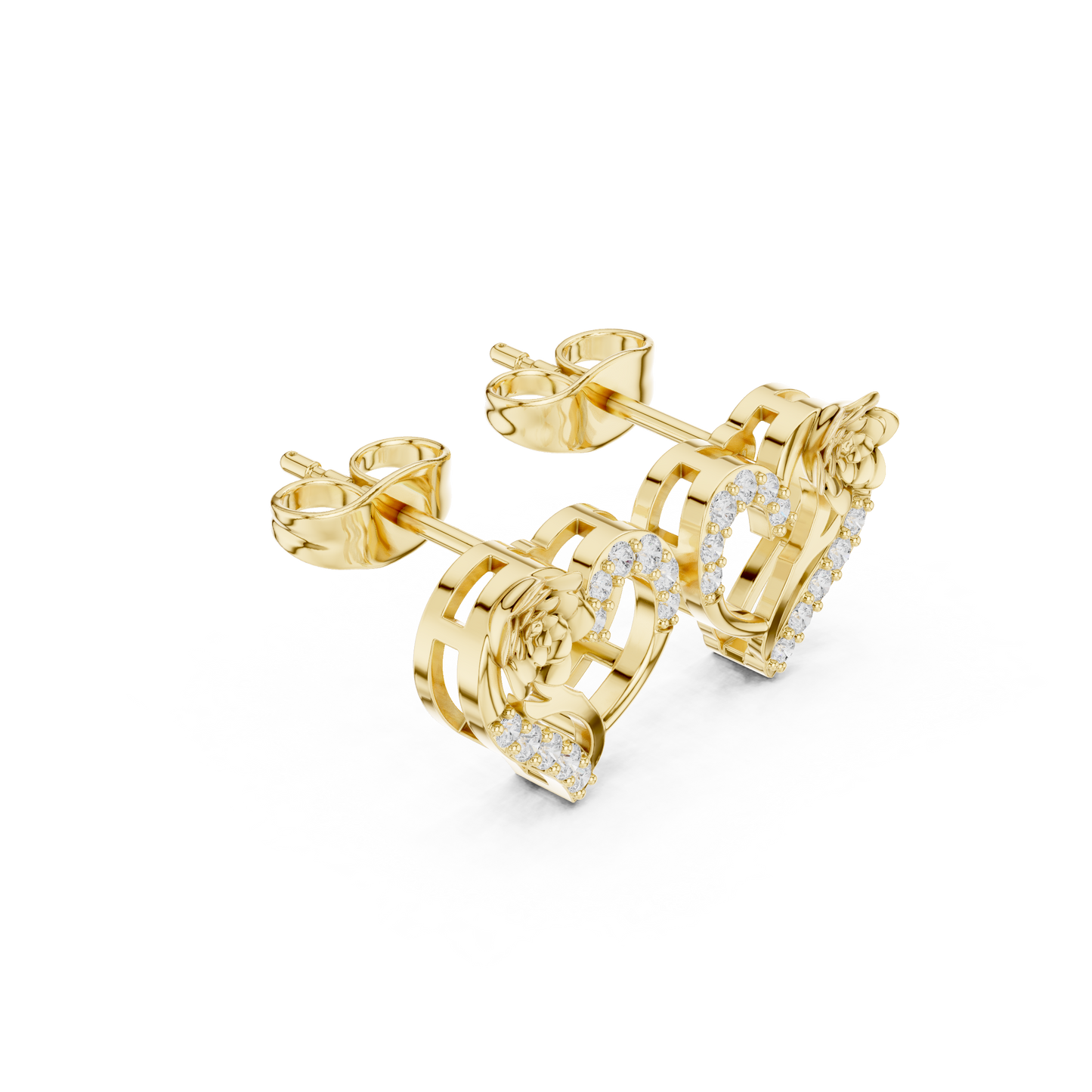 Yellow Gold Diamond Floral Open Heart Statement Stud Earrings - 0.14ctw