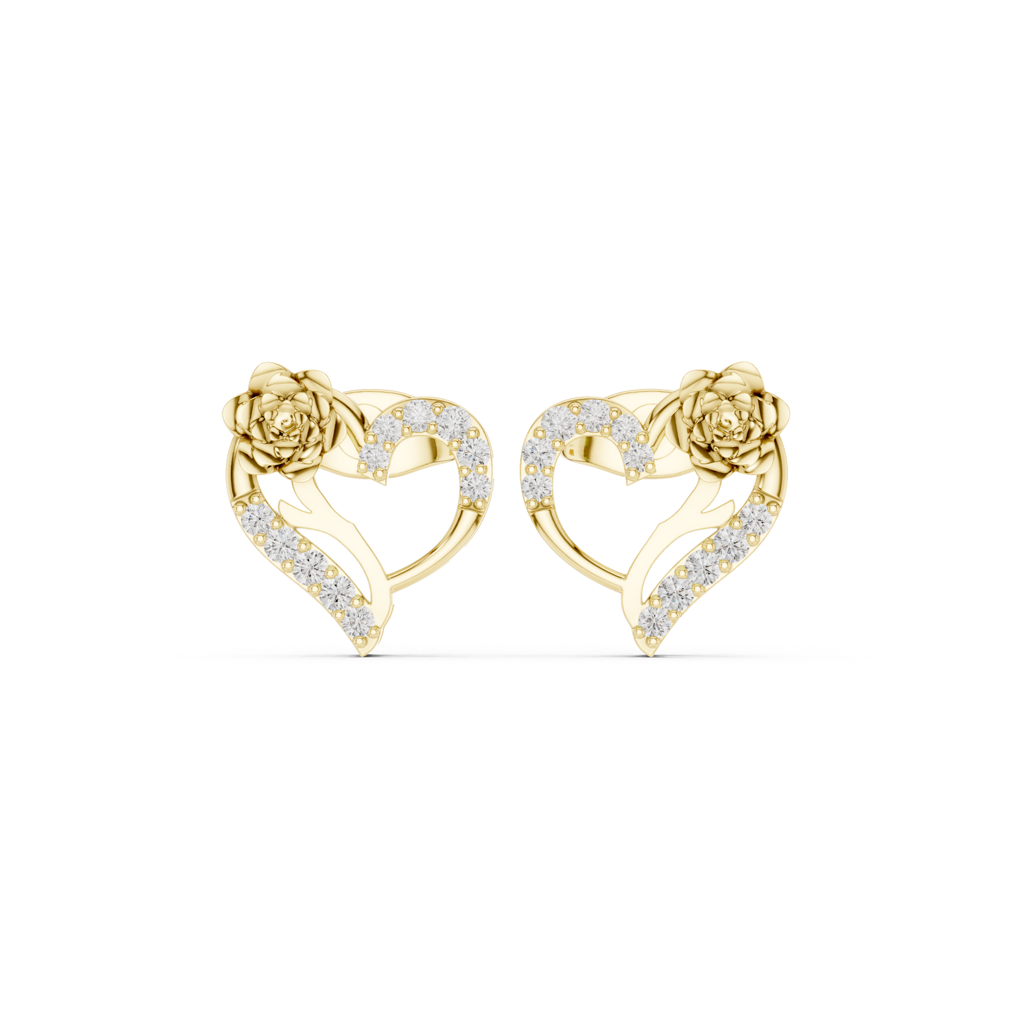 Yellow Gold Diamond Floral Open Heart Statement Stud Earrings - 0.14ctw
