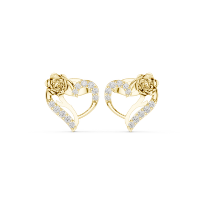 Yellow Gold Diamond Floral Open Heart Statement Stud Earrings - 0.14ctw