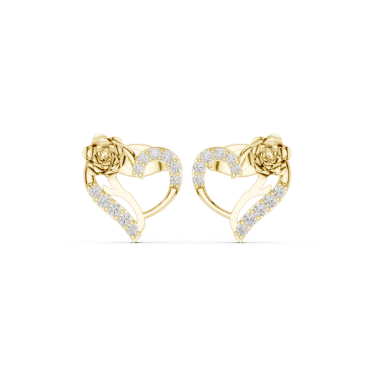 Yellow Gold Diamond Floral Open Heart Statement Stud Earrings - 0.14ctw