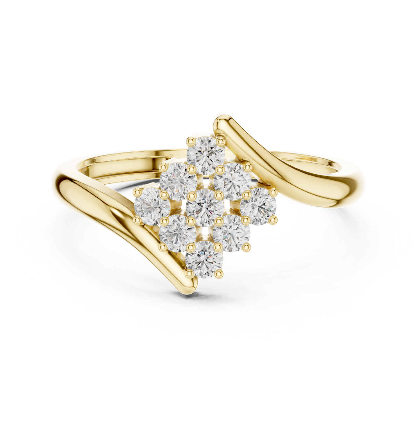 0.32ctw Diamond Cluster Solitaire Cocktail Ring with Fluid Bypass Band in Yellow Gold
