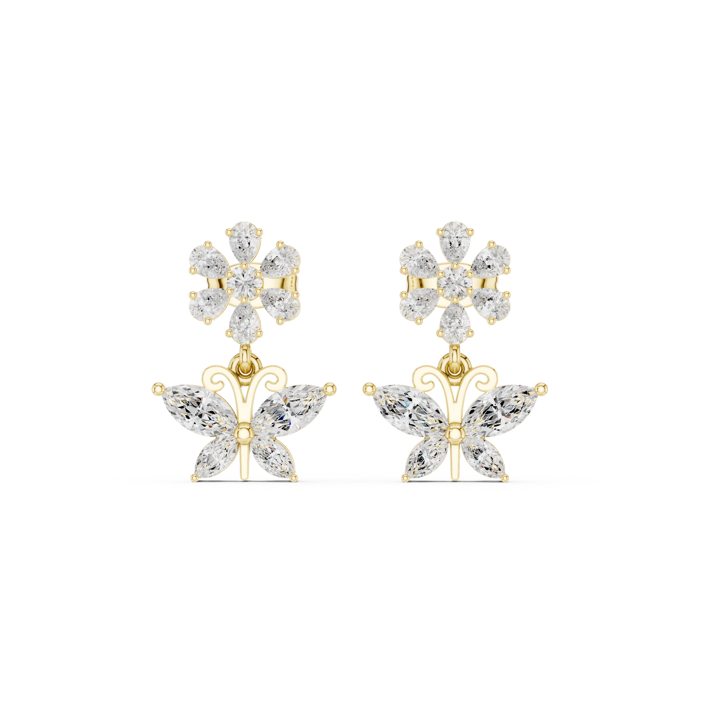 1.59CTW Marquise Diamond Butterfly Drop Earrings Yellow Gold