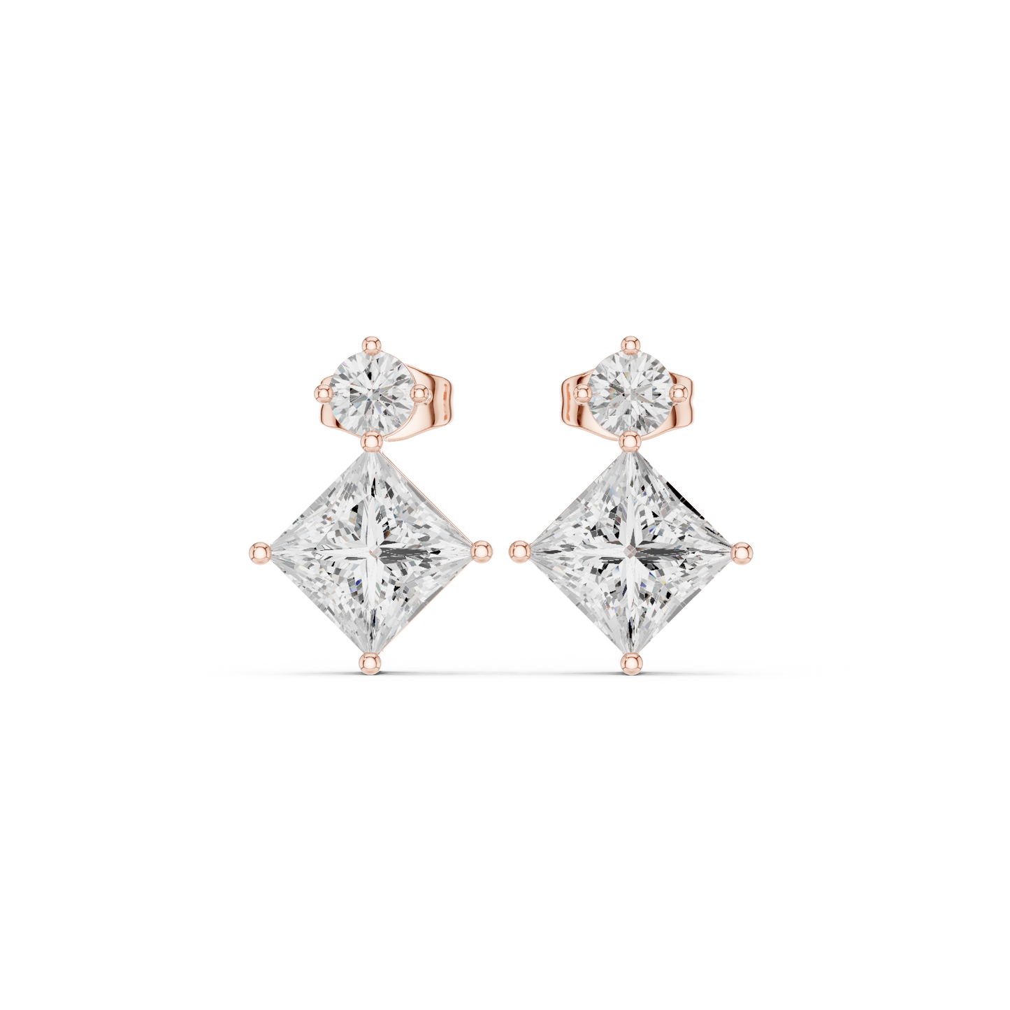 Princess & Round Cut Diamond Drop Earrings in Yellow Gold : 1.78CTW