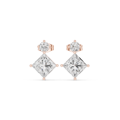 Princess & Round Cut Diamond Drop Earrings in Yellow Gold : 1.78CTW