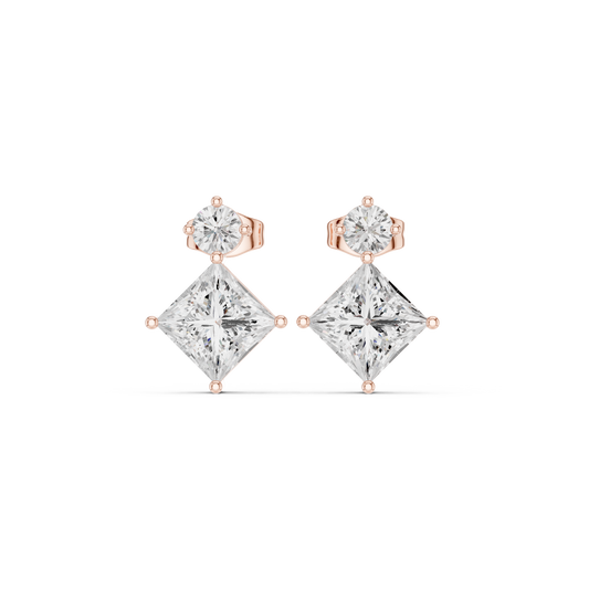Princess & Round Cut Diamond Drop Earrings in Yellow Gold : 1.78CTW