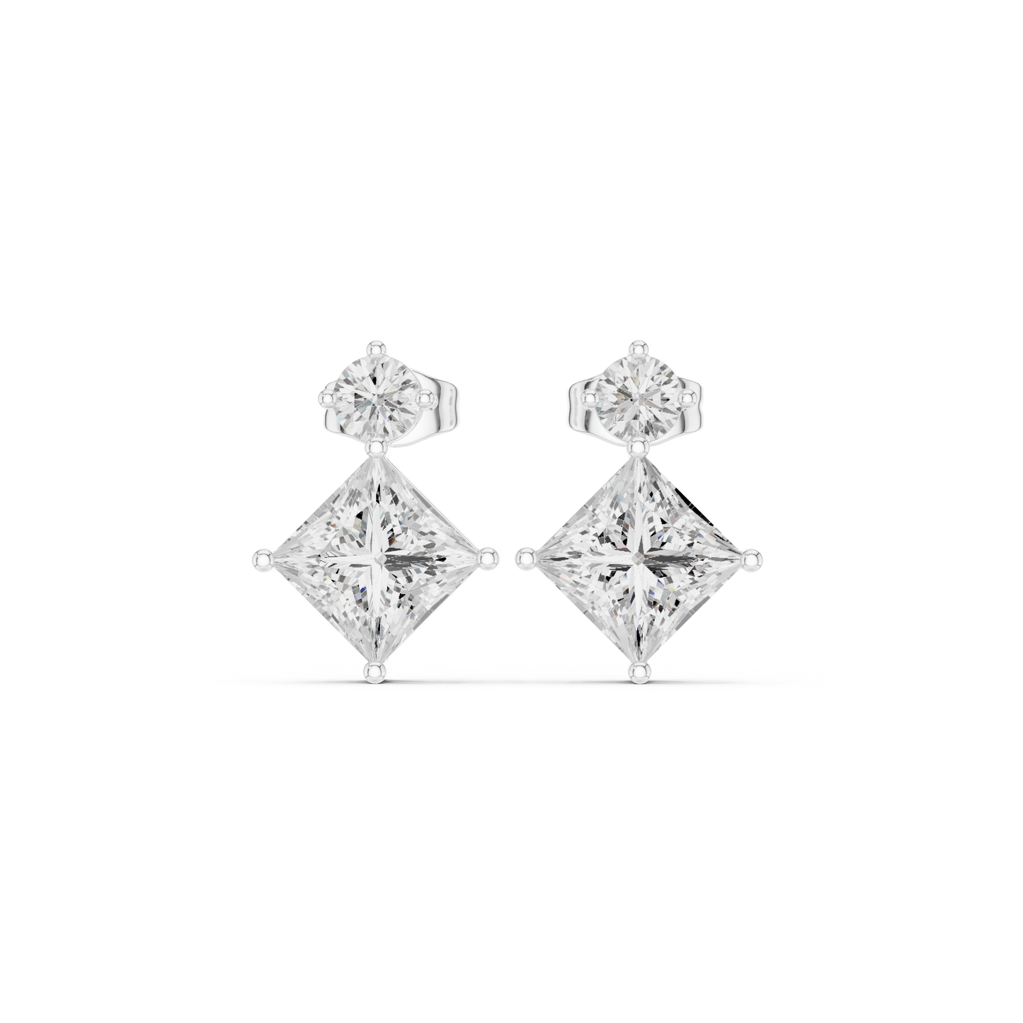 Princess & Round Cut Diamond Drop Earrings in Yellow Gold : 1.78CTW
