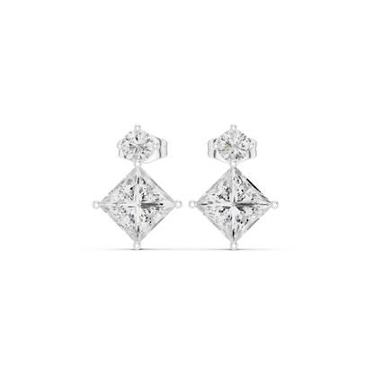 Princess & Round Cut Diamond Drop Earrings in Yellow Gold : 1.78CTW
