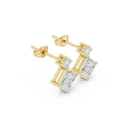 Princess & Round Cut Diamond Drop Earrings in Yellow Gold : 1.78CTW
