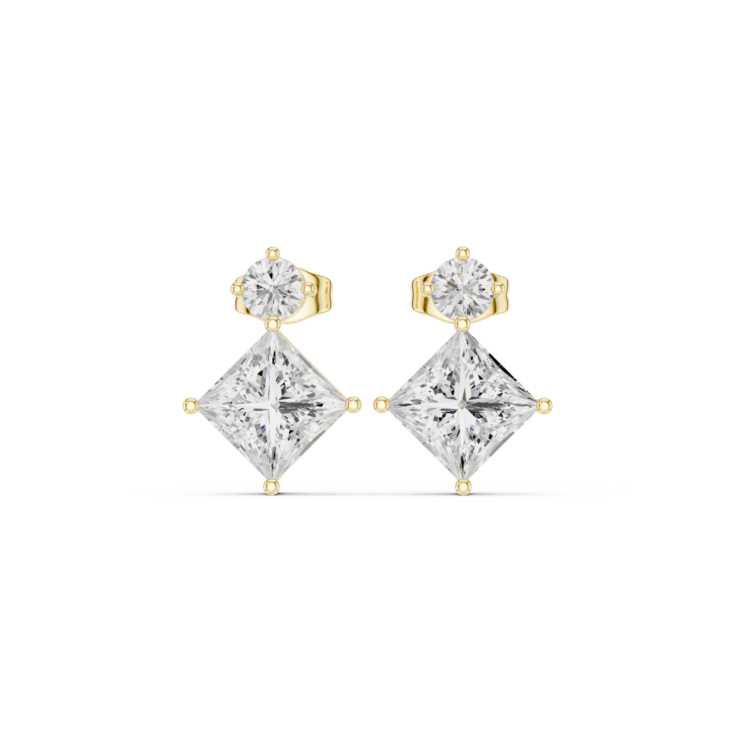 Princess & Round Cut Diamond Drop Earrings in Yellow Gold : 1.78CTW