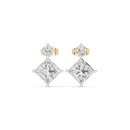 Princess & Round Cut Diamond Drop Earrings in Yellow Gold : 1.78CTW