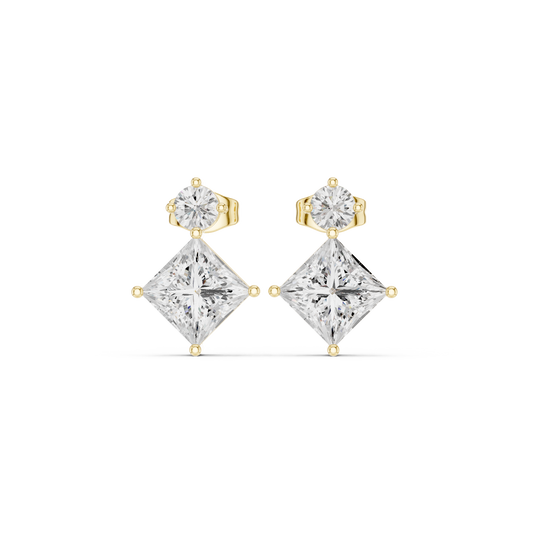 Princess & Round Cut Diamond Drop Earrings in Yellow Gold : 1.78CTW