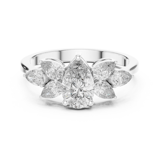 1.31ctw Pear Shaped Diamond Cluster Solitaire Statement Ring | White Gold