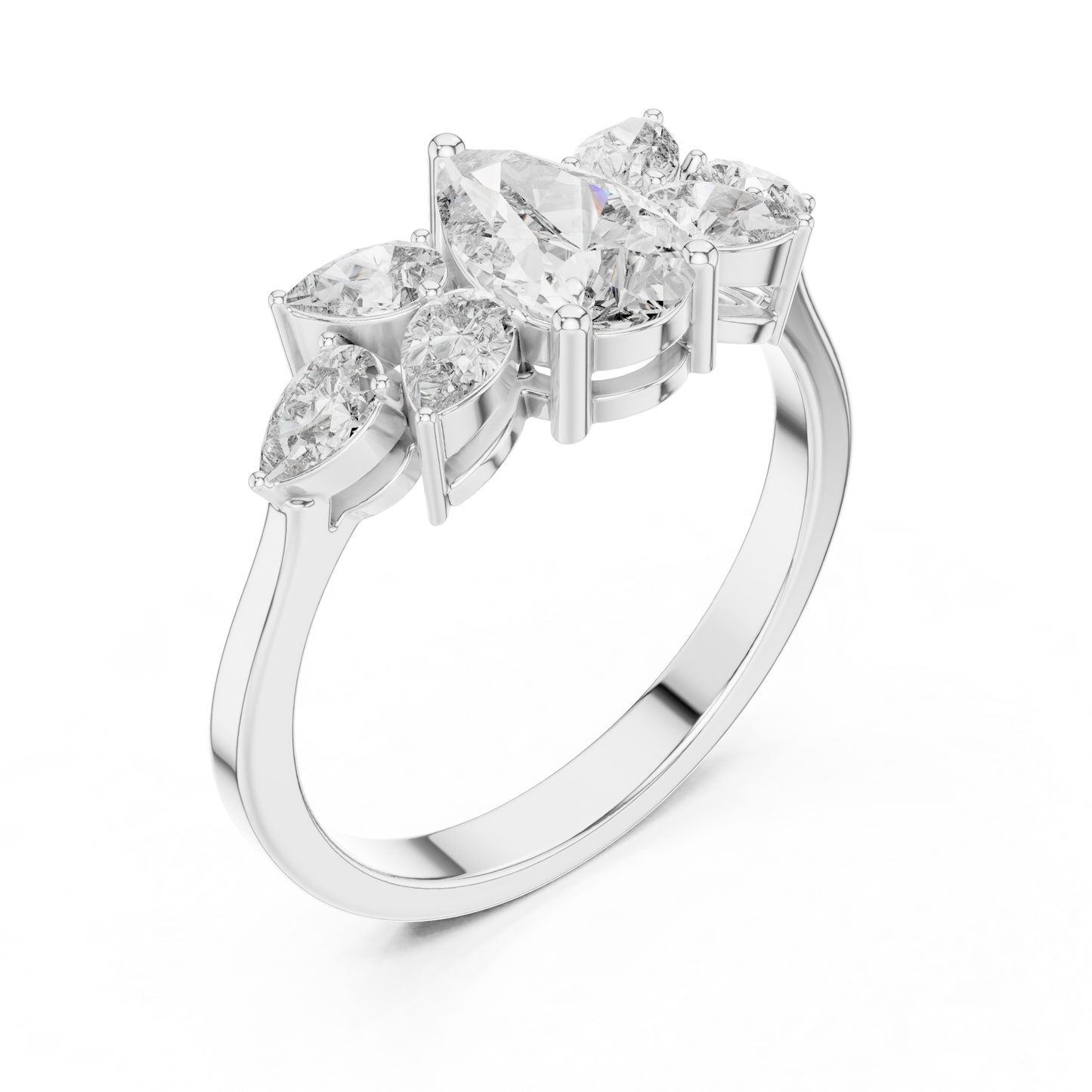 1.31ctw Pear Shaped Diamond Cluster Solitaire Statement Ring | White Gold