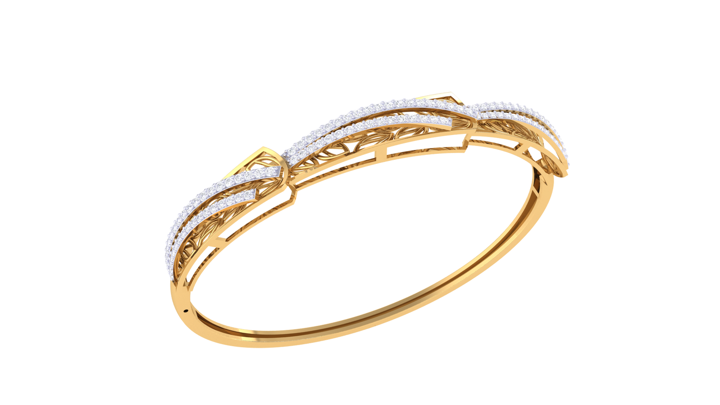 Wave Filigree Gold Bangle Bracelet - 0.77 Ct Diamond Accents