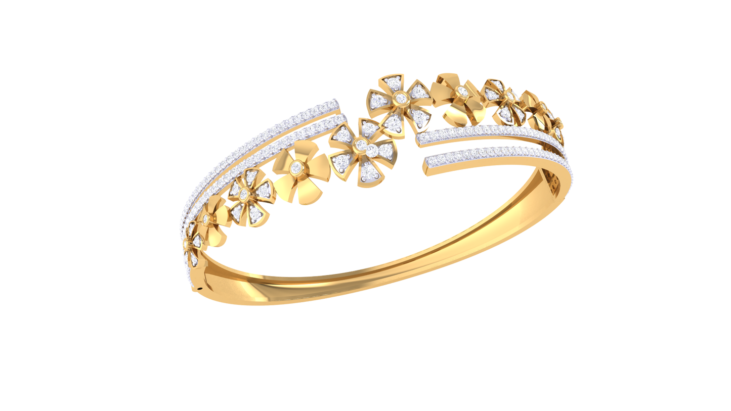 Floral Symphony Gold Bangle Bracelet - 1.23 Ct Brilliant Cut Diamonds