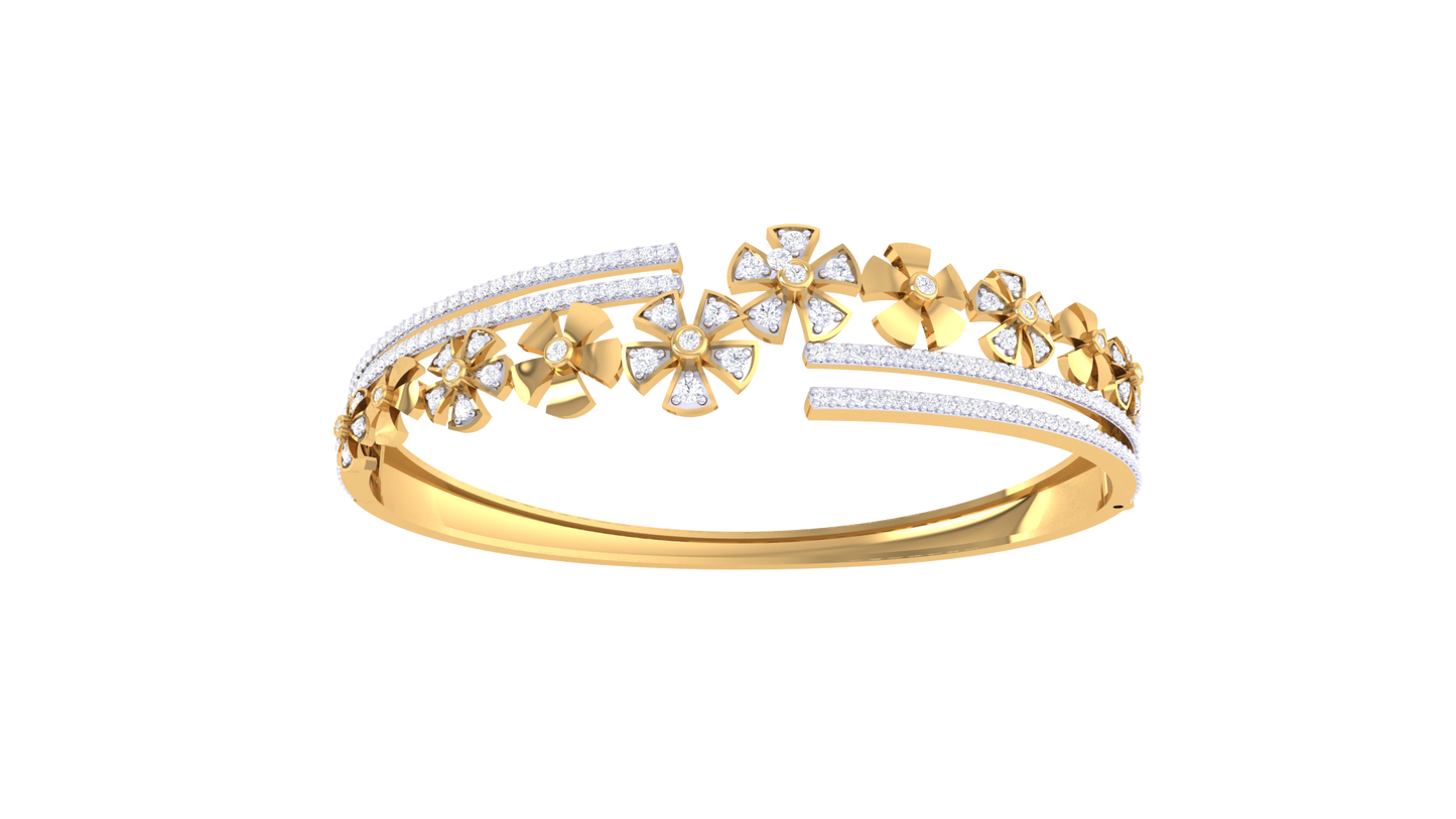 Floral Symphony Gold Bangle Bracelet - 1.23 Ct Brilliant Cut Diamonds