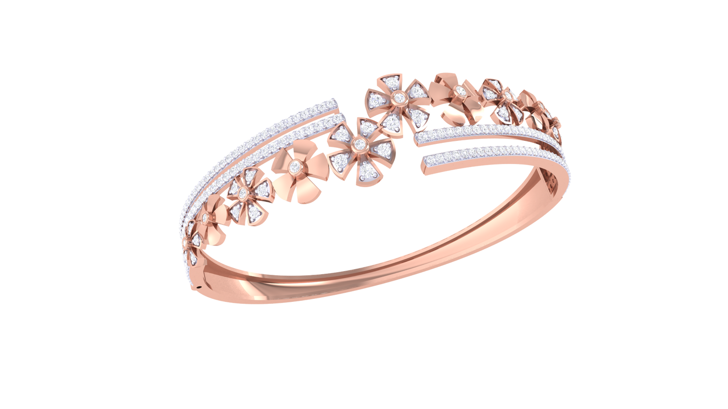 Floral Symphony Gold Bangle Bracelet - 1.23 Ct Brilliant Cut Diamonds
