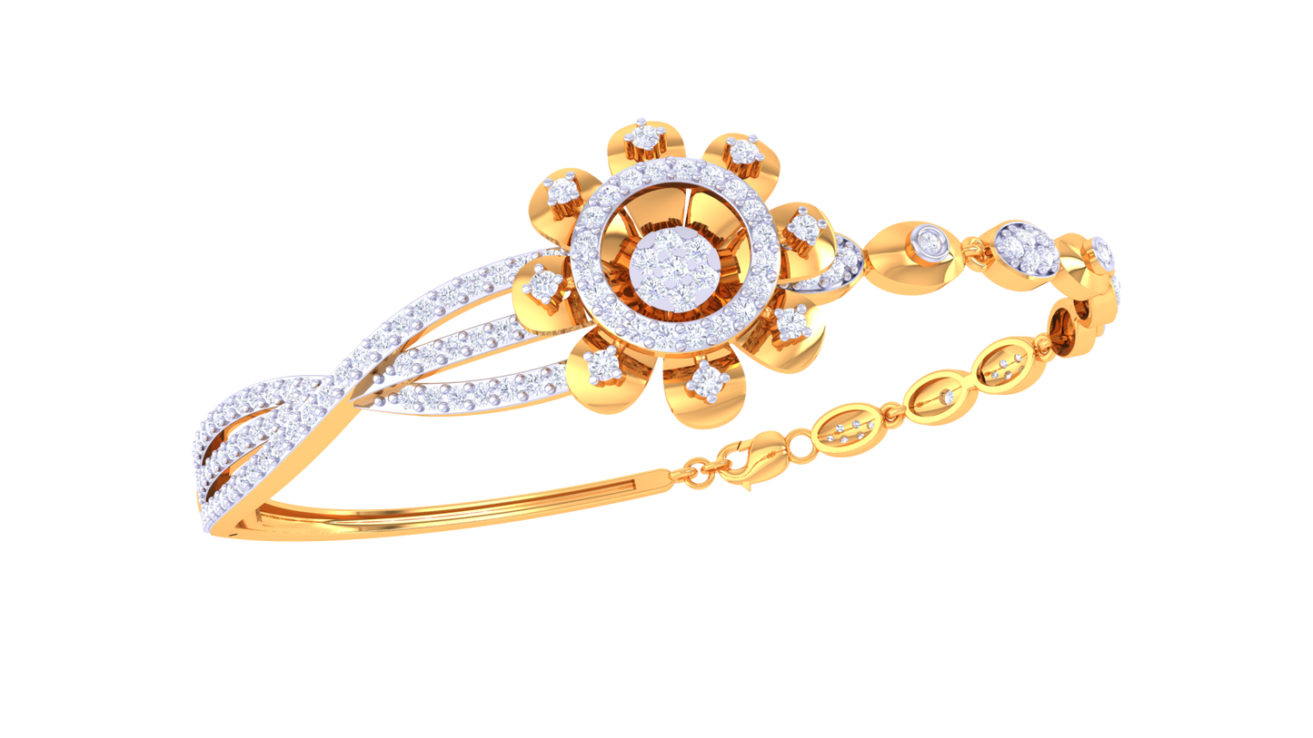 Twist Bloom Gold Bracelet With Sculpted Floral Centerpiece - 1.04 Ct Round Diamonds