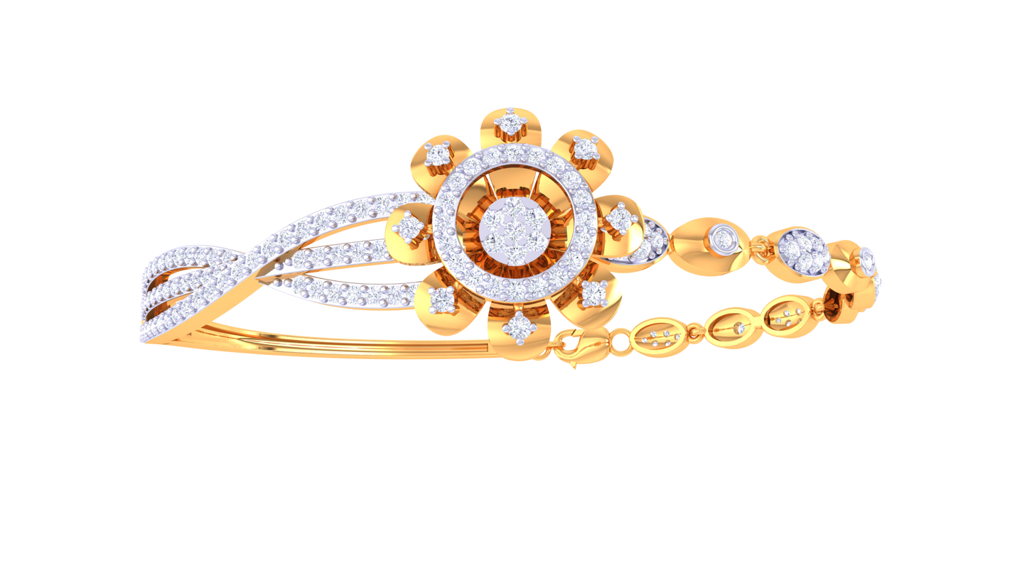 Twist Bloom Gold Bracelet With Sculpted Floral Centerpiece - 1.04 Ct Round Diamonds