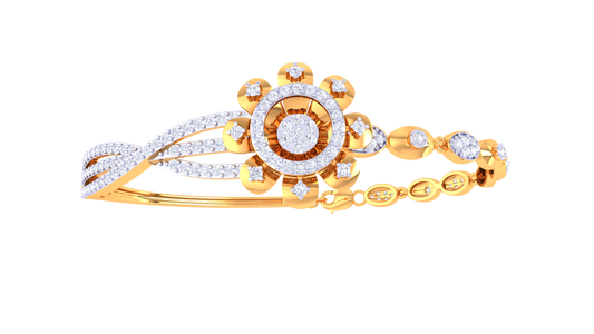 Twist Bloom Gold Bracelet With Sculpted Floral Centerpiece - 1.04 Ct Round Diamonds