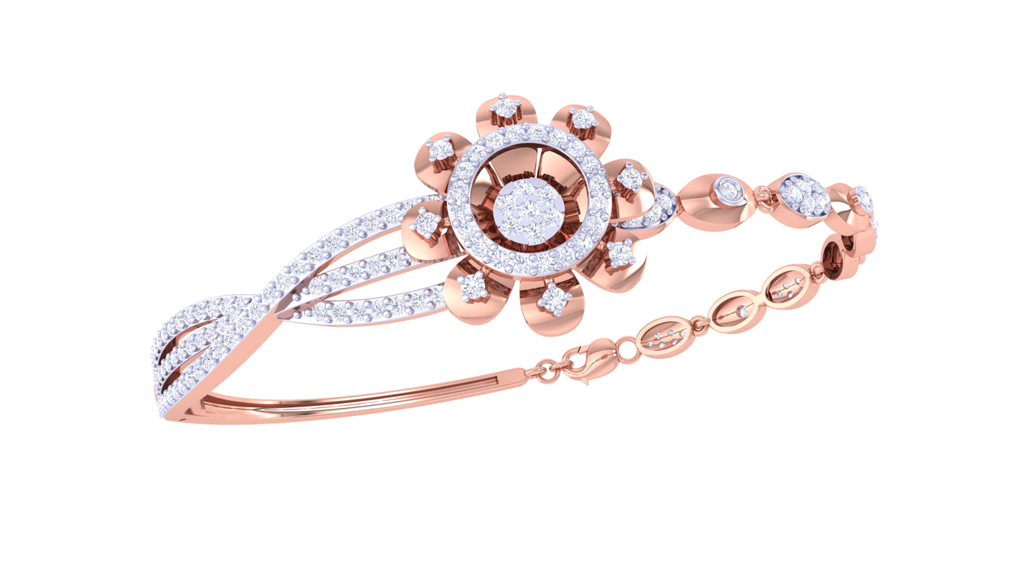 Twist Bloom Gold Bracelet With Sculpted Floral Centerpiece - 1.04 Ct Round Diamonds