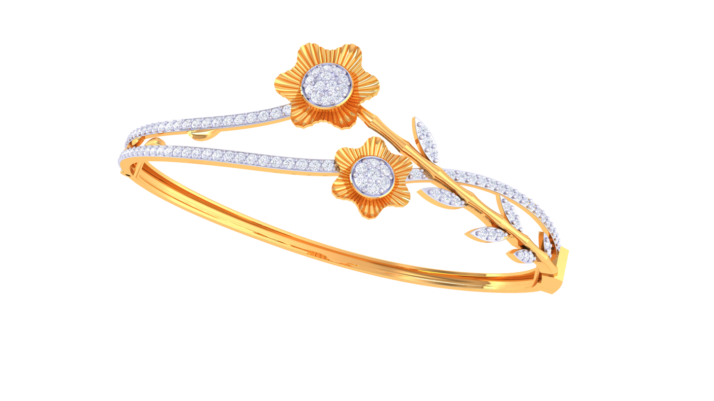 Floral Radiance Dual-Band Gold Bangle - 0.96 Ct Pave Set Diamond Bracelet