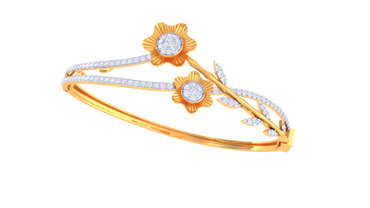 Floral Radiance Dual-Band Gold Bangle - 0.96 Ct Pave Set Diamond Bracelet
