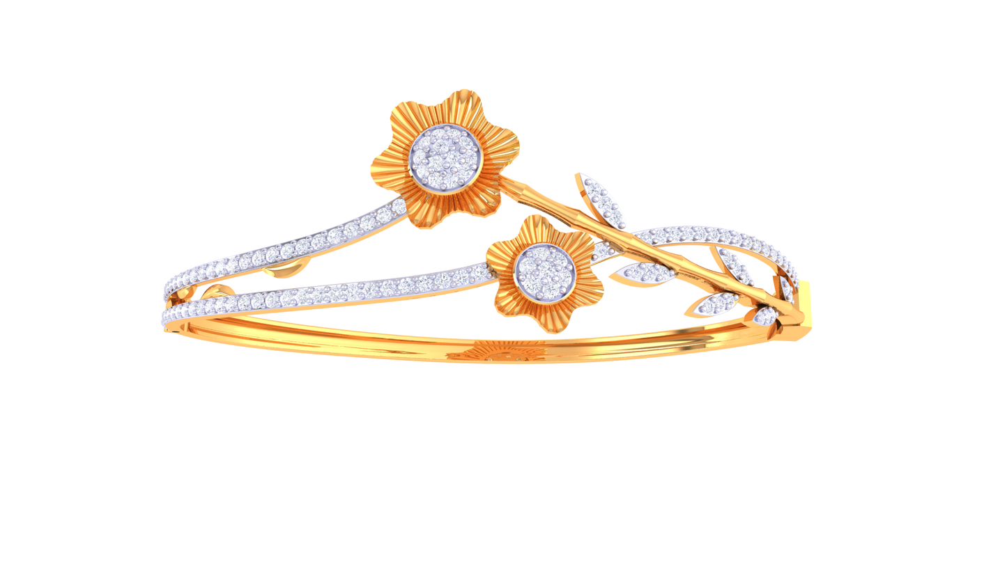 Floral Radiance Dual-Band Gold Bangle - 0.96 Ct Pave Set Diamond Bracelet